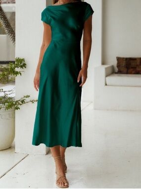 Fortunate One | One Last Song Forest Green Cowl Neckline Open Back Midi Dress